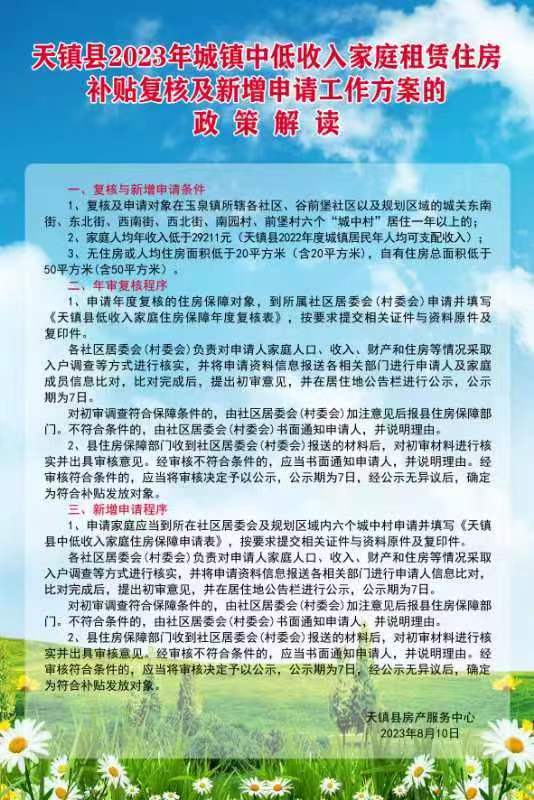 【图解】天镇县2023年城镇中低收入家庭租赁住房补贴复核及新增申请工作方案政策解读